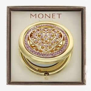 🆕 MONET Crystal Heart/Gold Filigree Compact Mirror
